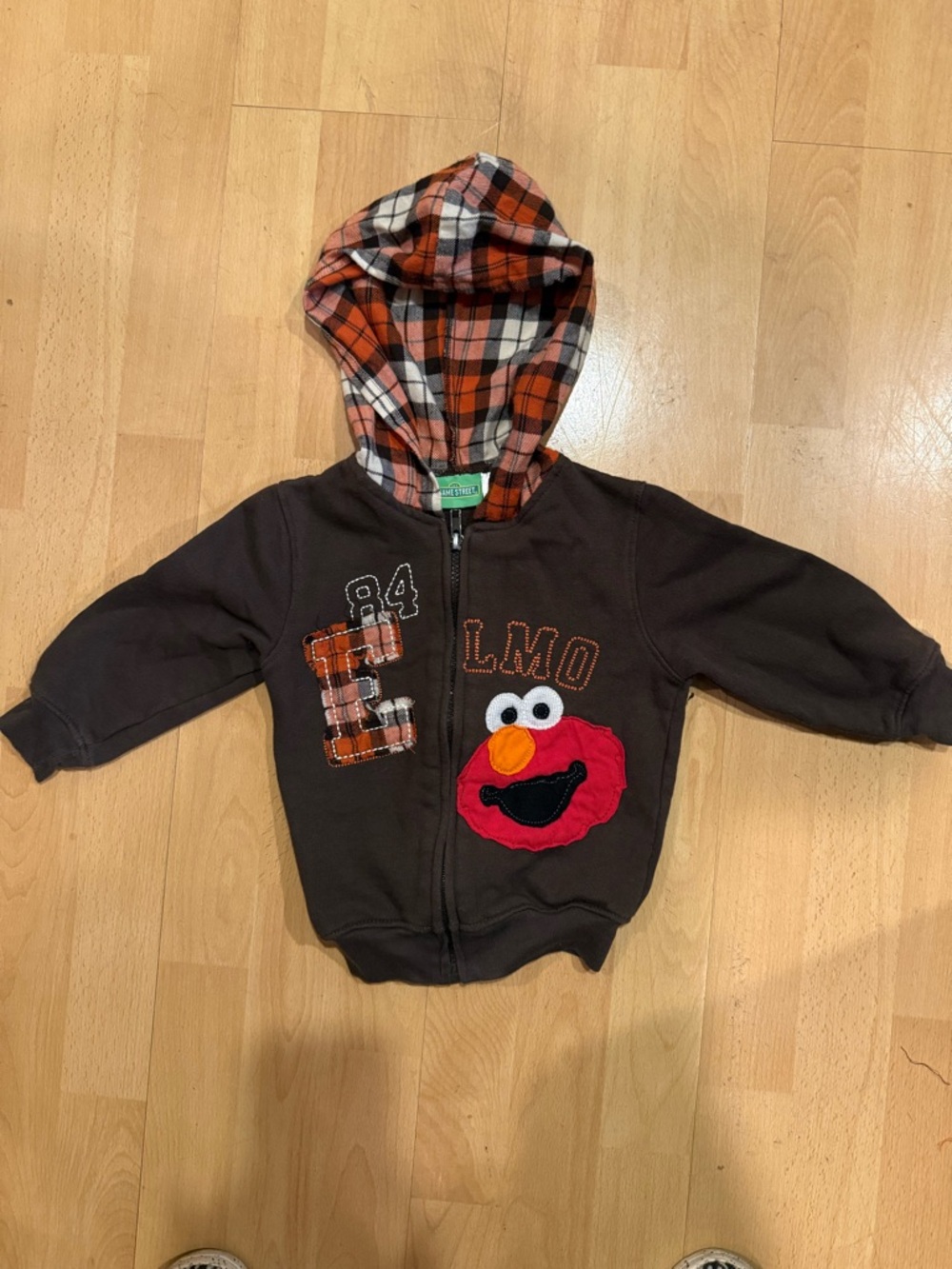 Sesame Street Brown Zip Hoodie with Orange Plaid Hood & Elmo Patch